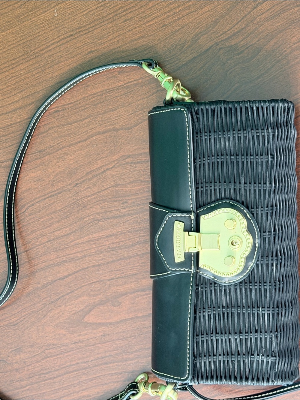 Talbots Black Wicker Leather Shoulder Bag Gold Hardware